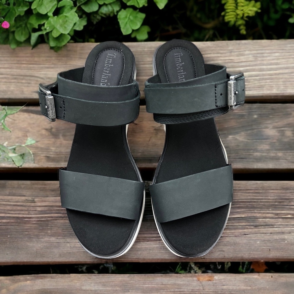 NIB Timberland Koralyn 2 Band Wedge Black Nubuck Slingback Sandal 9M 40 - Picture 3 of 14